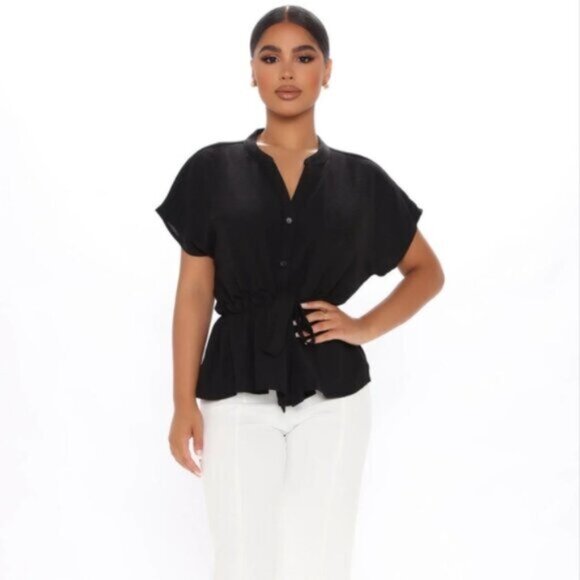 Fashion Nova BLACK Waist No Time Blouse Tie Waist Drawstring Button Peplum - Picture 2 of 5